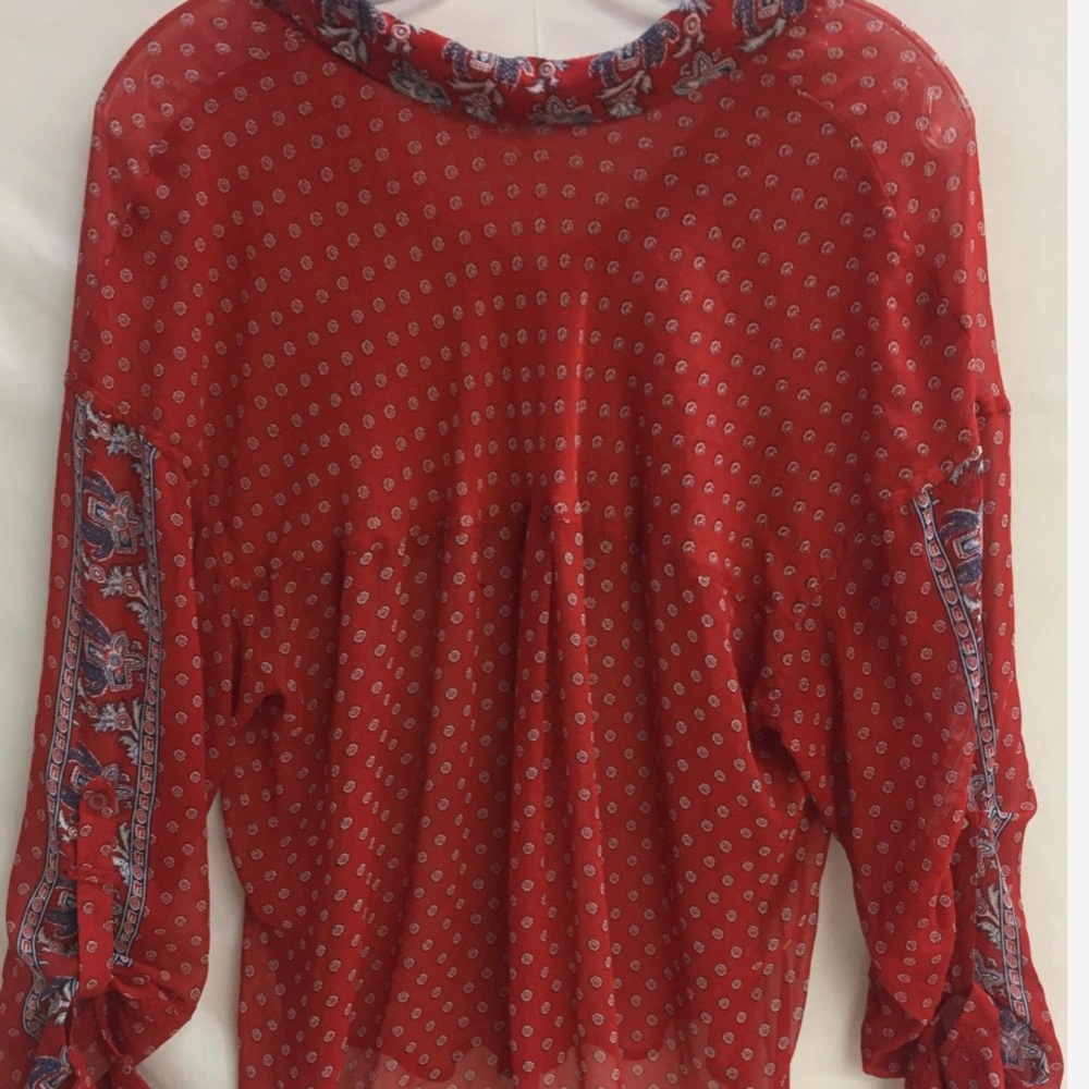 Free People Red Patterned Button-Down Sheer Shirt - image 4